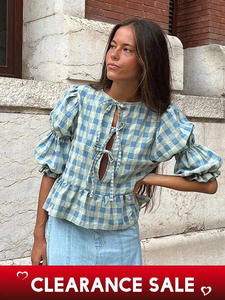 Solid Bow Lace Up Shirt Elegant Oneck Short Puff Sleeves Blouse Female 2025 Spring Summer Chic Ruffle Lady Streetwear 250122