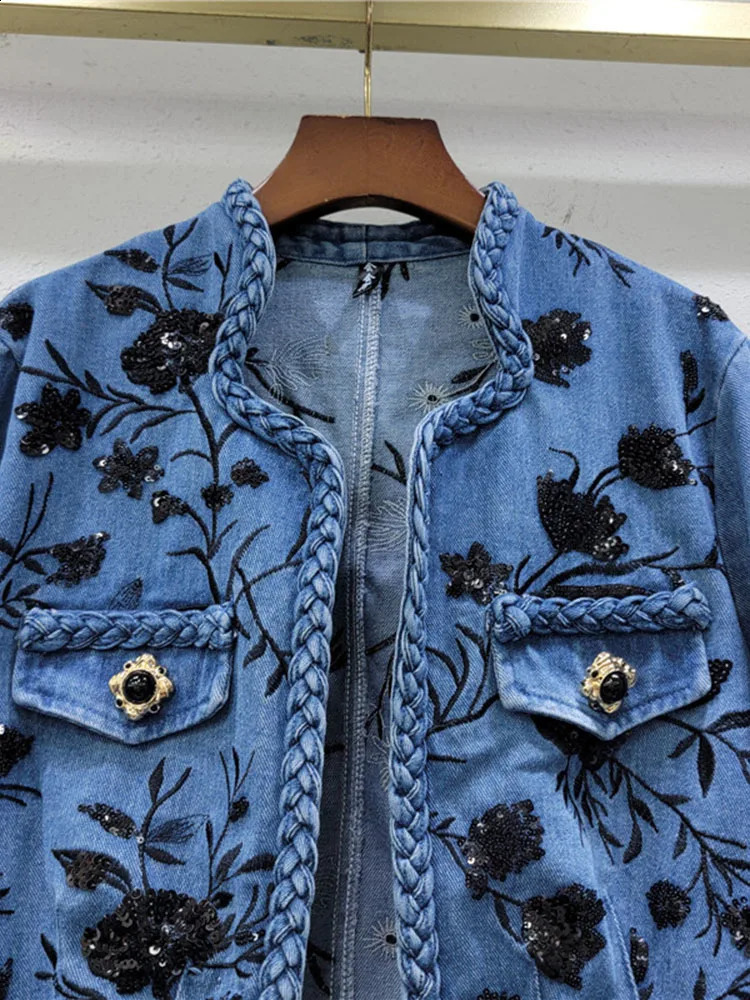 DEAT Trendy Items Womens Embroidery Sequins Denim Coat Summer Fashion V-neck Long Sleeves Jacket Female 33A1261 250116