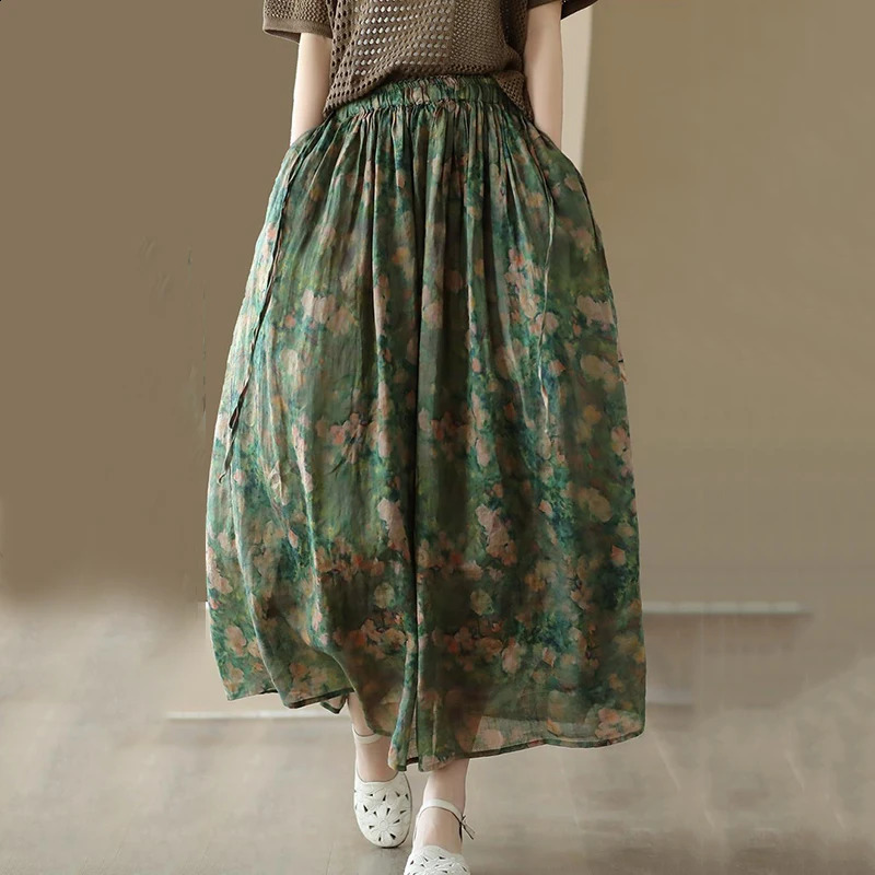 Vintage Printed Long Skirt Cotton Linen Floral Elasticated Waist Tie Skirts Summer Flowing Literary Artistic Forest Women 250110
