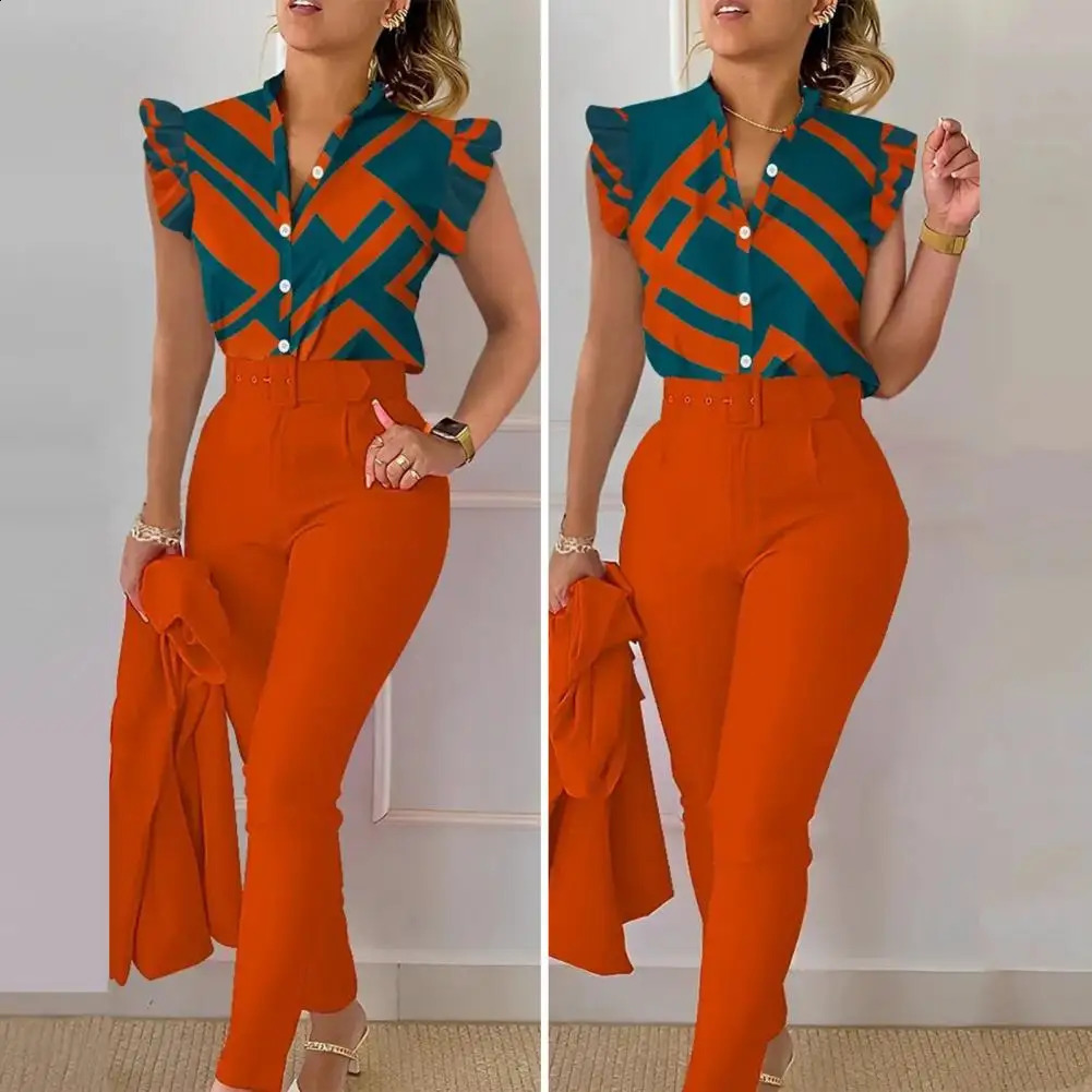 Womens shirt Trouser set elegant womens office suit Vneck high waisted pants waist belt fashionable color matching suitable for work 250122