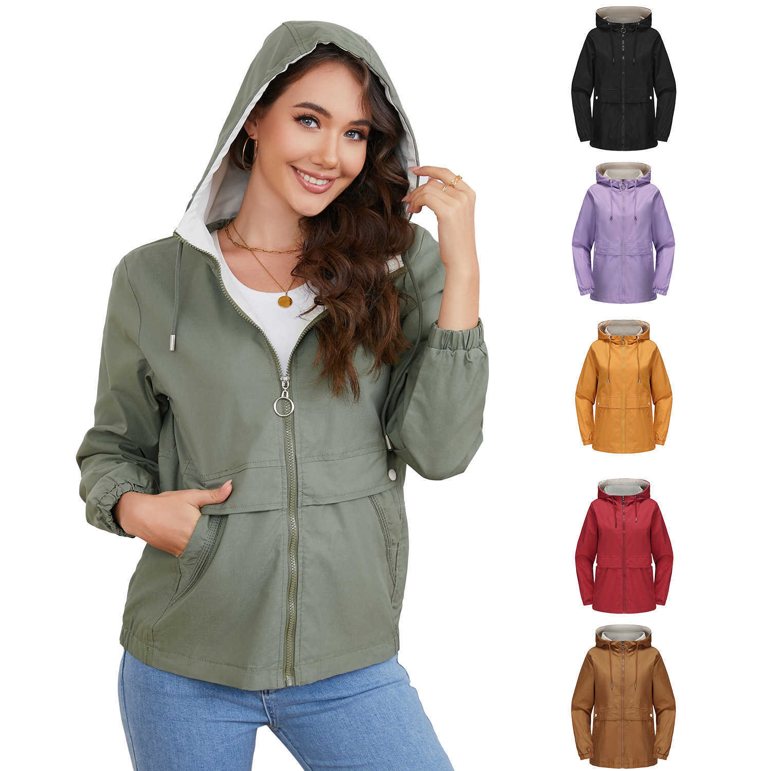 New Hooded Solid Color Trench Coat Womens Long Sleeved Spring Autumn Thin Coat Casual Womens Leather Womens Jacket 241209