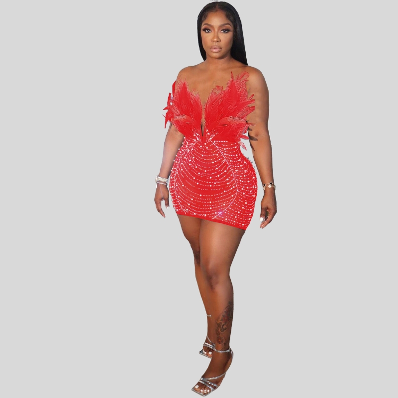 New European and American sexy feather hot diamond pearl tight hip dress