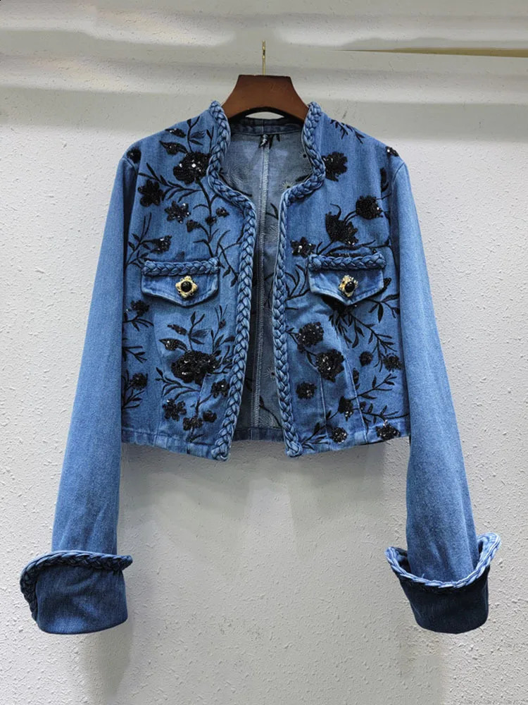DEAT Trendy Items Womens Embroidery Sequins Denim Coat Summer Fashion V-neck Long Sleeves Jacket Female 33A1261 250116