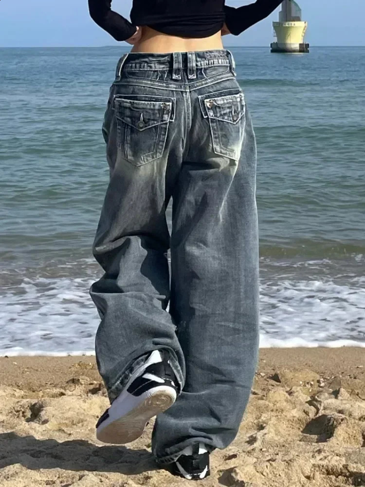 HOUZHOU Y2K 2000s Retro Bagged Jeans Harajuku Womens Street Clothing Oversized Denim Pants Korean Gyaru Grunge Hip Hop Trouser 250117