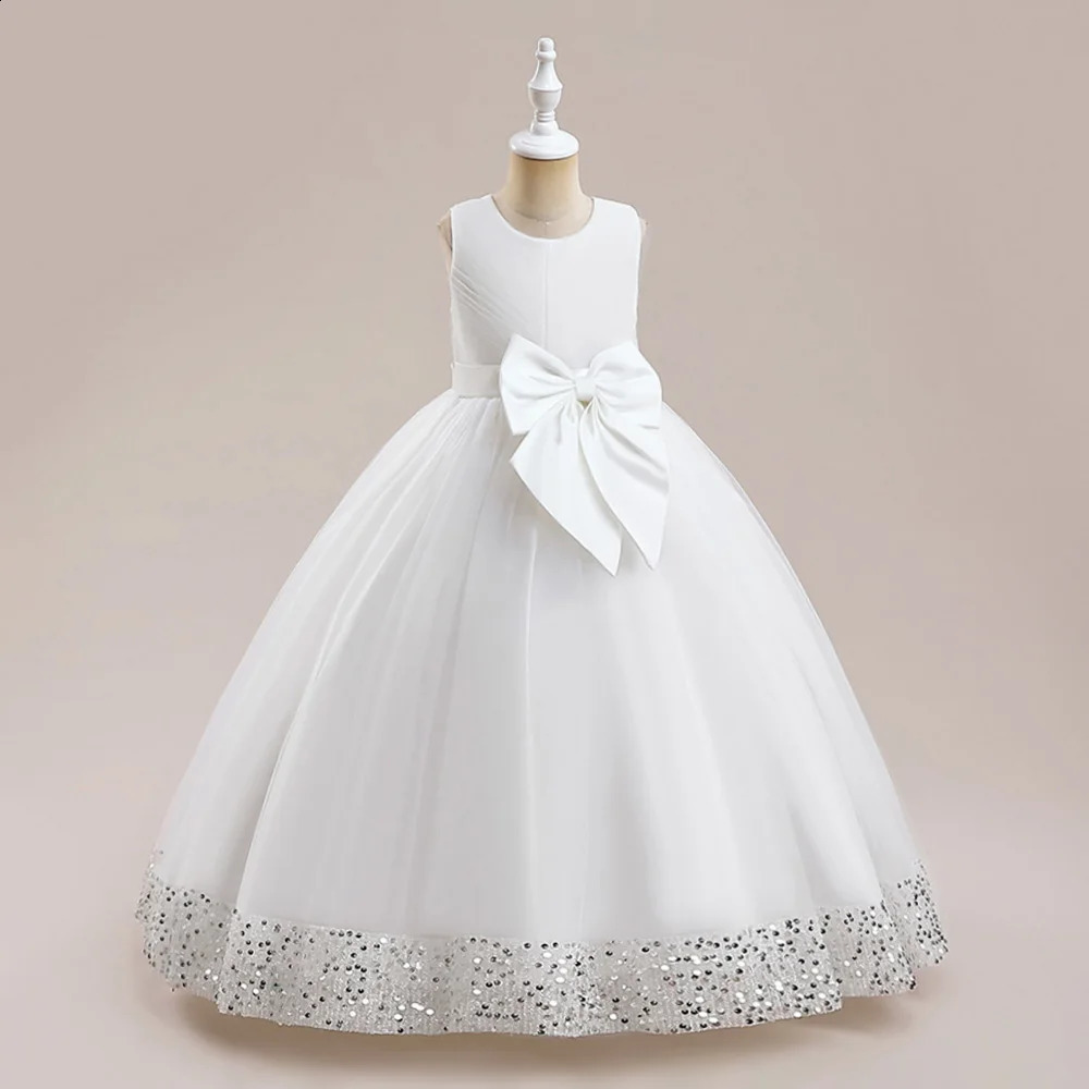Fluffy Sequin Bridemaid Princess Girls Dress Elegant Bow Pink Wedding Prom Evening Kids Party Dresses for Girl Birthday Costumes 250117