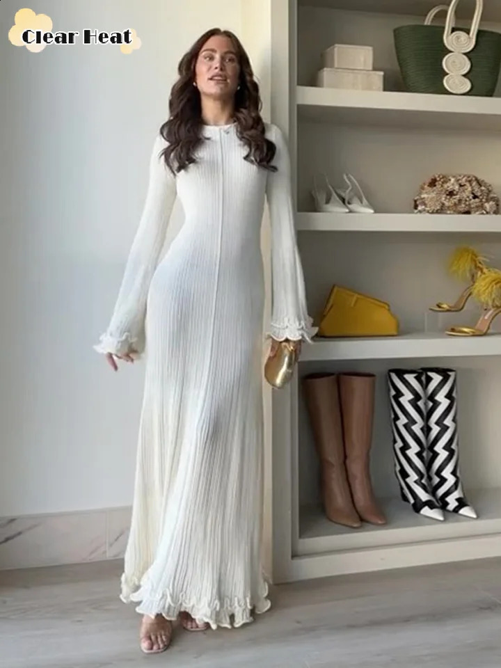 Elegant Solid O Neck Womens Long Dress Chic Long Sleeves Ruffles Lace Up Backless Maxi Dresses 2025 Female Office Vestidos 250122
