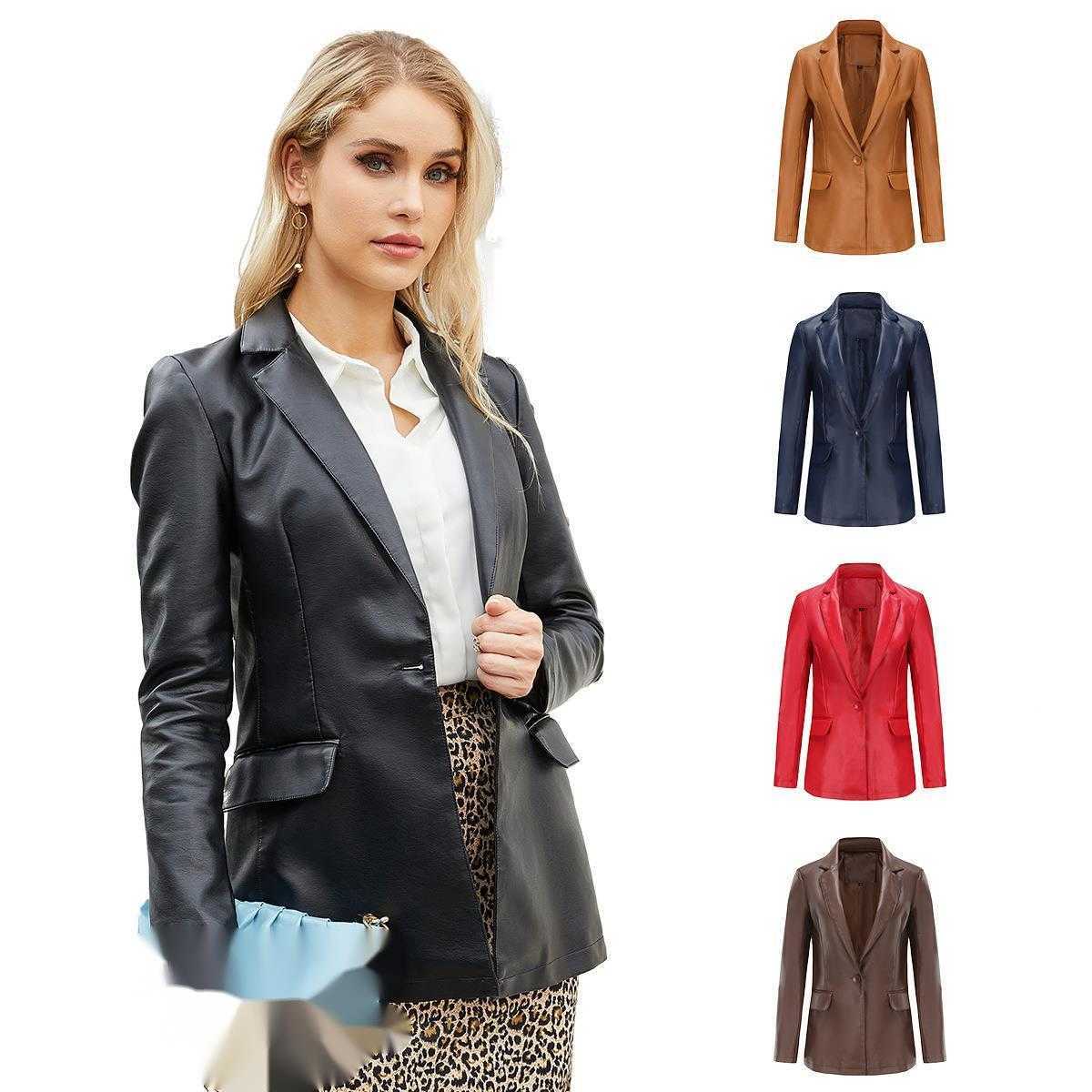 New Little Suit Long Sleeve Coat Womens Single Button Commuter Casual Solid Leather Coat Womens Leather Womens Jacket 241209