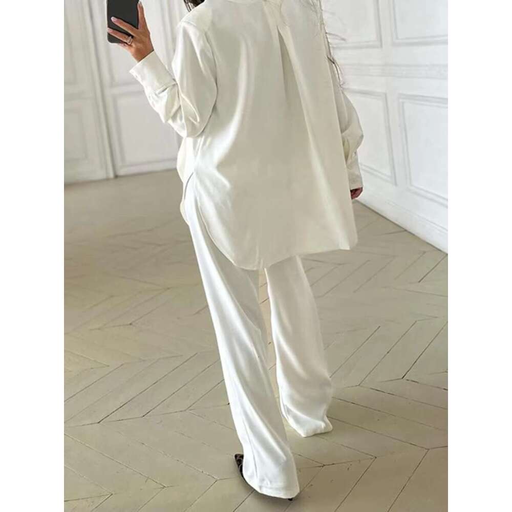 Autumn New White Thin Blazer Suits For Women Long Sleeve Asymmetrical Blazers+Wide Leg Trouser Casual Elegant Two-Piece Set