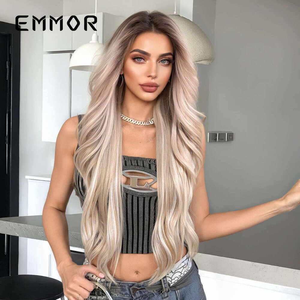 Lace Front Wig Cover T Shape Wig Female Area Front Lace Mid Split Gold Pickled Large Wave Long Curled Hair Fashion Full Head Cover