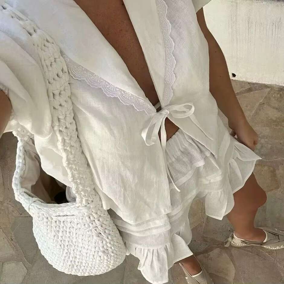 White Elegant 2 Piece Sets Women New V Neck Lace Patchwork Lace-Up Blouse+Shorts Skirts Summer Casual Fashion Holiday Set