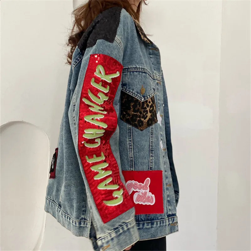 Vintage Multicolour Sequins Leopard Patch n Denim Jacket Women Cow Outerwear Loose Short Big Pocket Jeans Jacket Female 250121