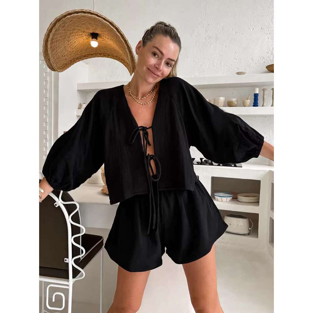 Black Casual Thin Suits For Women New V-Neck Puff Sleeve Lace-Up Blouse+Shorts Sets Autumn Elegant Simple Home 2 Piece Set