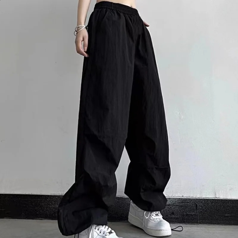 Summer Womens HipHop Wide Leg Pants Solid Casual Quick Dry Trousers Straight Sweatpant Drawstring Pocket Streetwear Jazz 250122
