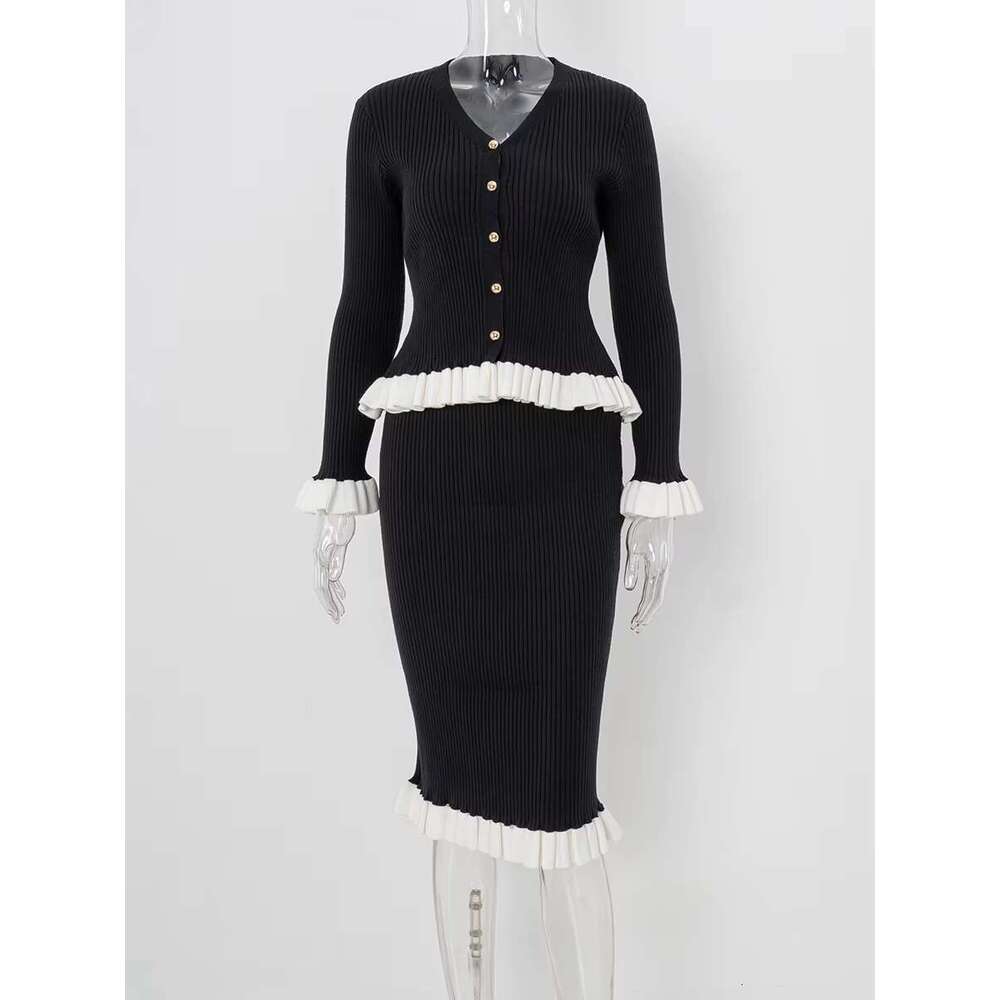 Ruffle Patchwork Hem Knit 2 Piece Set Winter New V Neck Single Breasted Cardigan+Midi Skirts Sets Elegant Fashion Women's Suits