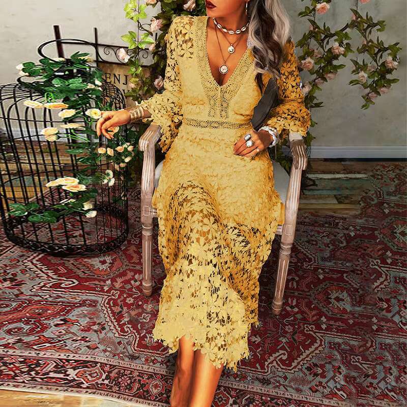 New Full Of Lace Long V Neck Hollow Out Embroidery Ral White Party Dress Hook Design Romantic Vestidos