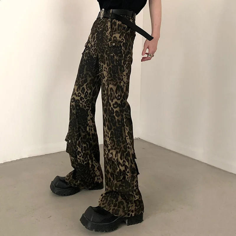 FEWQ American Leopard Print Mens Jeans High Waist Straight Leg n Male Flared Trousers Contrast Color Male Pants 24E6161 250120