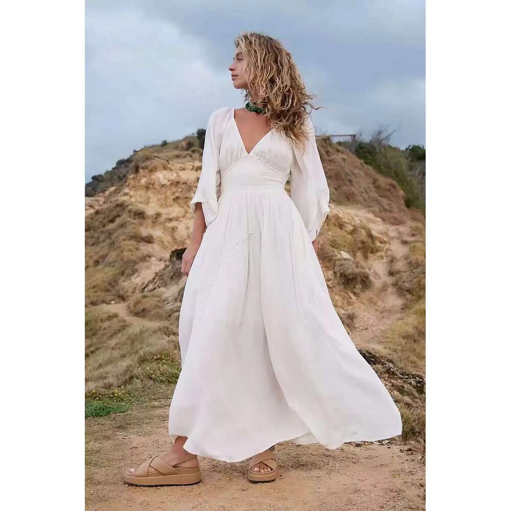 New Arrival Solid Color Long Beach Dress Sexy V-Neck High Waist Chiffon Sundress Flare Sleeve Summer Vestidos Mujer