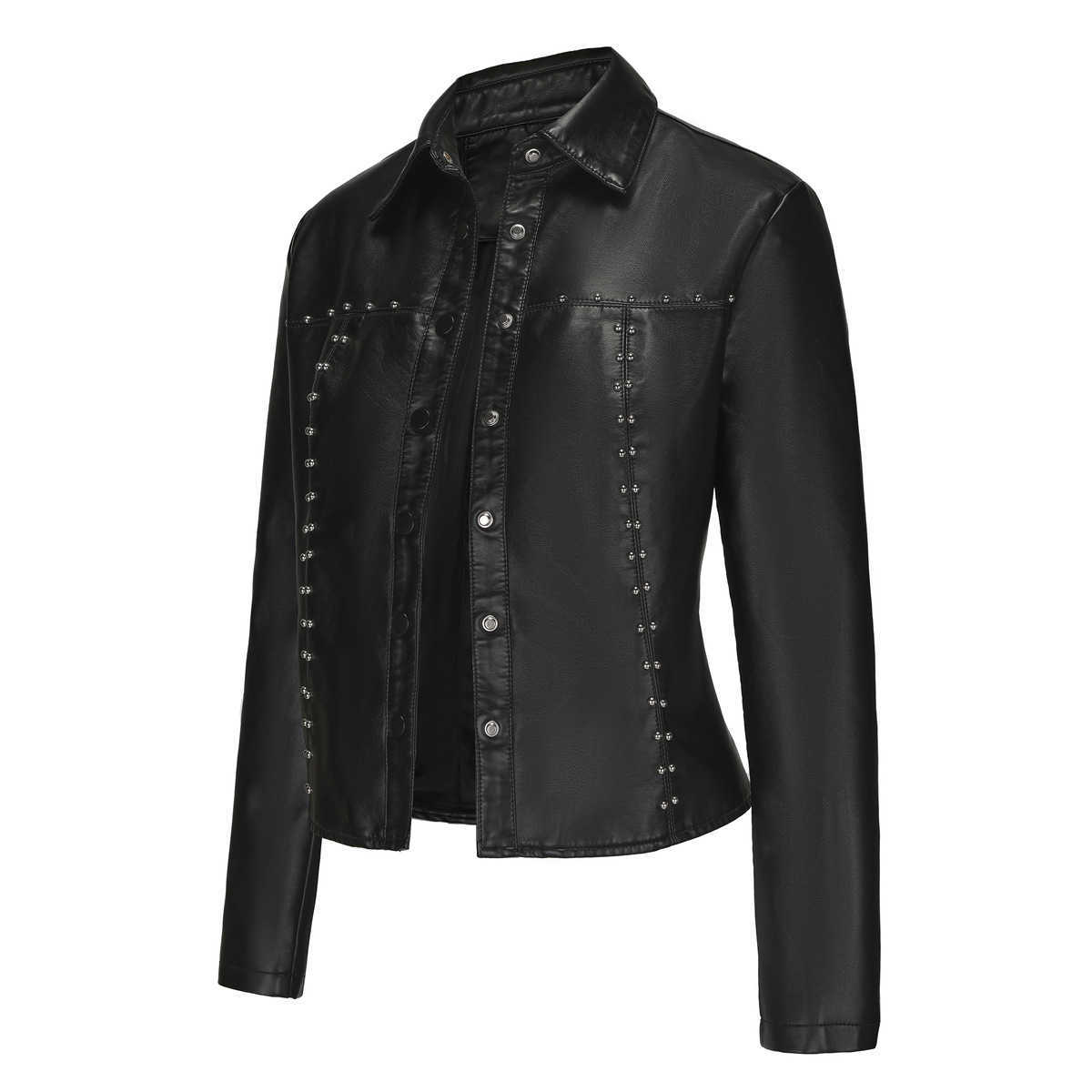 Spring Autumn New Rivet Leather Jacket Cardigan Button Up Leather Jacket Fashion Trend Thin Coat Womens Clothing Womens Leather Womens Jacket 241209
