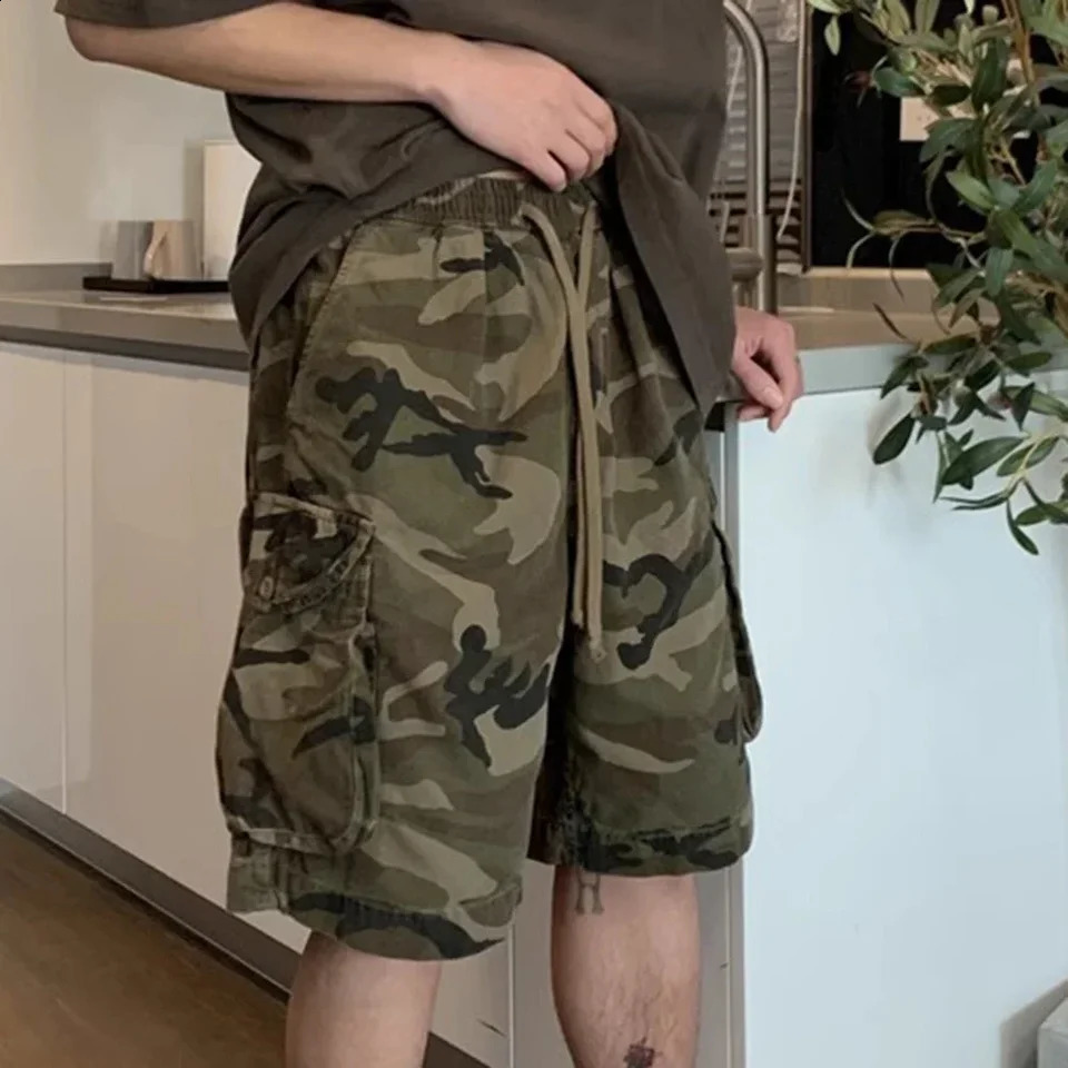 Men Summer Vintage Workwear Style Camouflage Fit Cargo Shorts Fashion Streetwear 250120