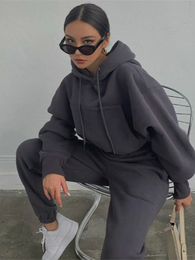 Two piece set of womens solid color drawstring hooded sweatshirt pants sports suit autumn/winter casual streetwear 250122