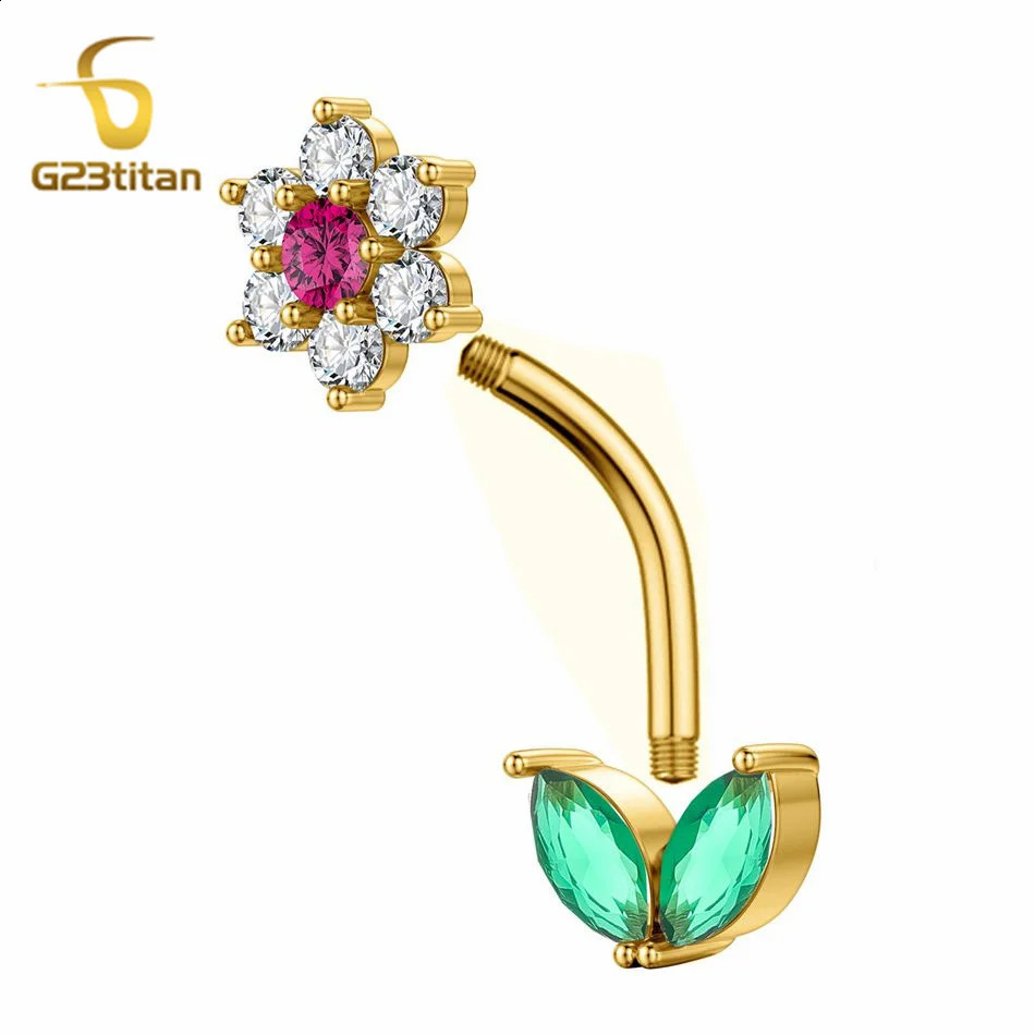 G23titan 14G Zircon Flower Barbell Belly Button Ring Women Body Sexy Navel Piercing Anti Allergic Jewelry Accessories Ombligo 250110