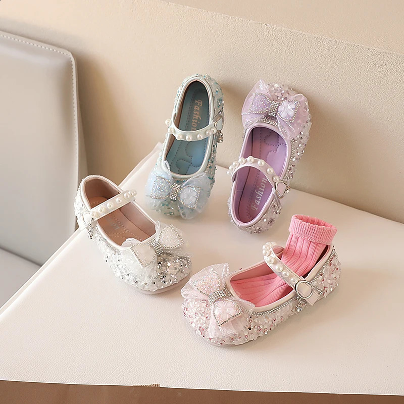 Girls Mary Janes for Party Wedding Shows Bow Sequined Rhinestones Shallow Children Fashion Versatile Soft Kids Casual Shoes 2024 250121
