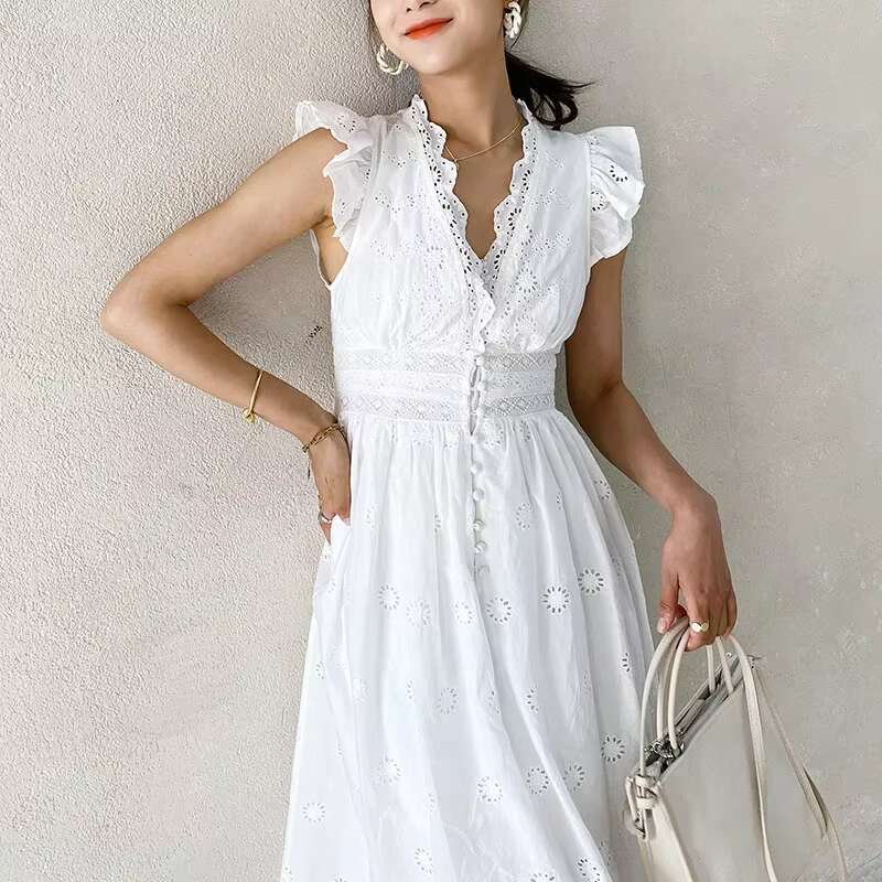 Summer White New Ladies Embroidery Midi Dress V-Neck High Waist Cotton Long Dresses Button Up Lace Boho Vestidos