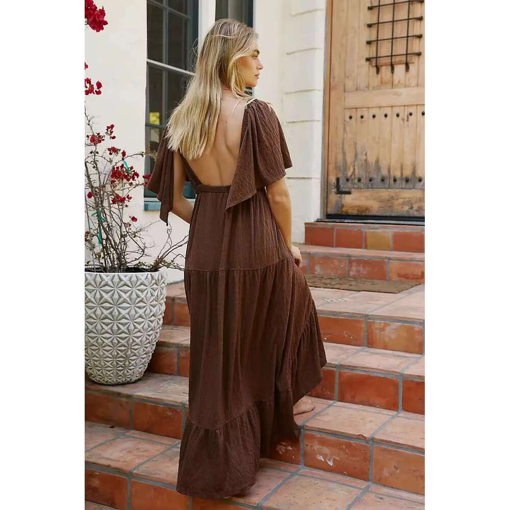 Hot Sale Oversized Maxi Deep V Collar Casual Solid Color Cotton Long Dress Free Style Beach Sundress Backless Vestidos