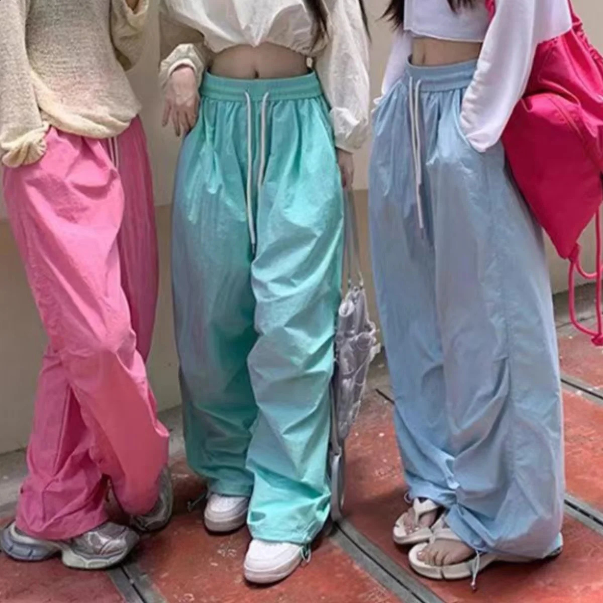 Summer Womens HipHop Wide Leg Pants Solid Casual Quick Dry Trousers Straight Sweatpant Drawstring Pocket Streetwear Jazz 250122