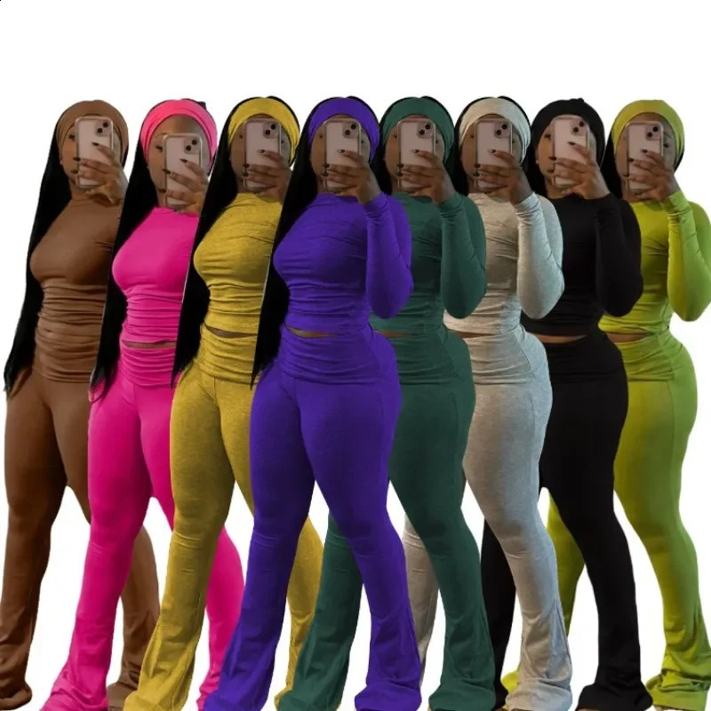 Women Solid Yoga 3 Piece Set Headband O-neck Full Sleeve Crop Tops Lapel High Waist Flare Pants Slim Fitness Workout Suits 250122