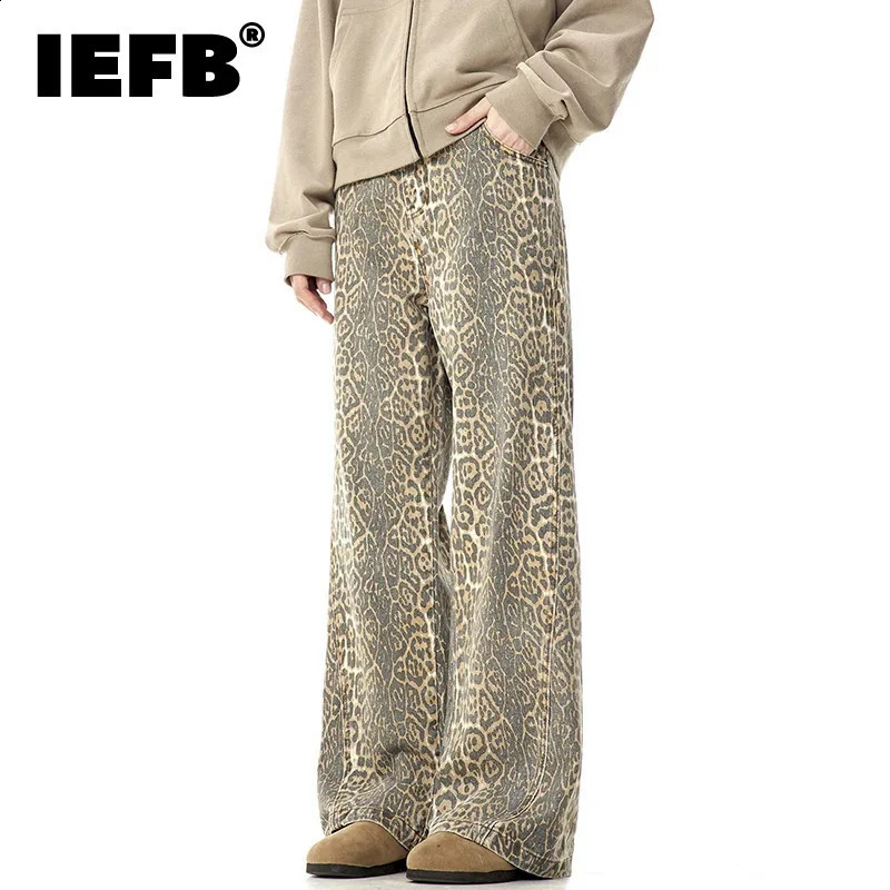 IEFB Leopard Pattern Jeans Mens Streetwear Wide Leg Casual Trousers American Style Straight Loose Male Denim Pants 9W323 250120