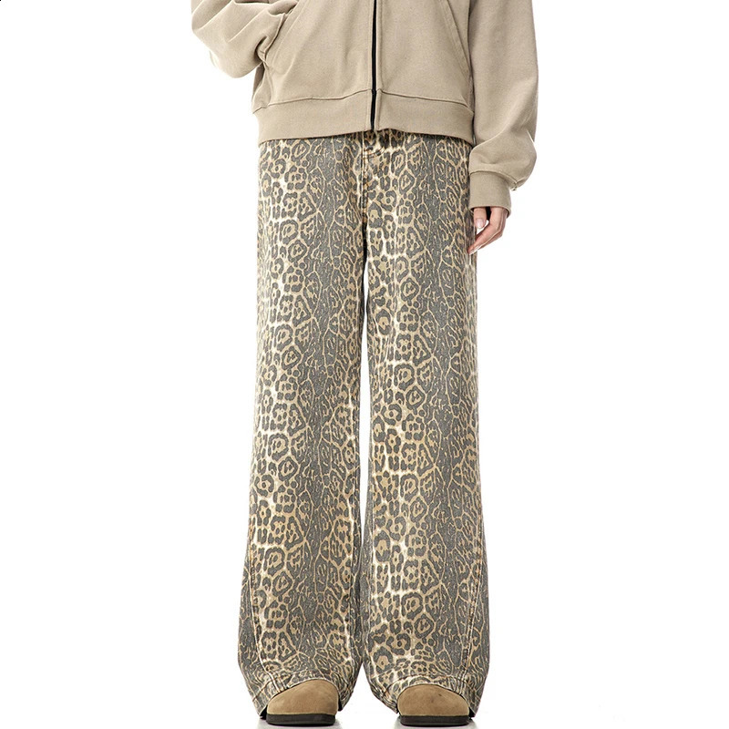 IEFB Leopard Pattern Jeans Mens Streetwear Wide Leg Casual Trousers American Style Straight Loose Male Denim Pants 9W323 250120