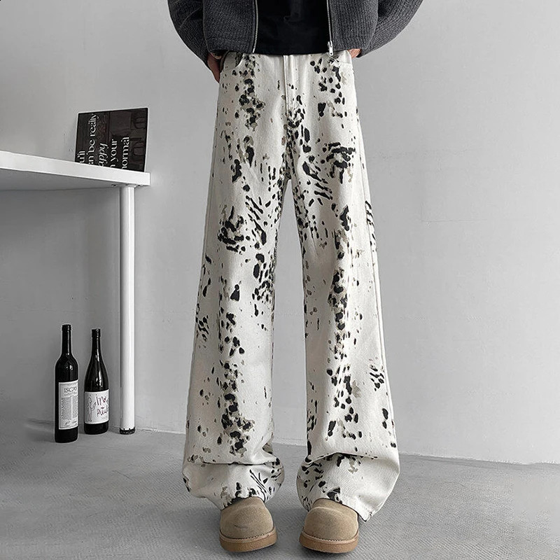 MWJQ Leopard Print n Jeans Mens High Street Loose Wide Leg Pants Full Length Denim Trousers 2025 Fashion 010033 250120
