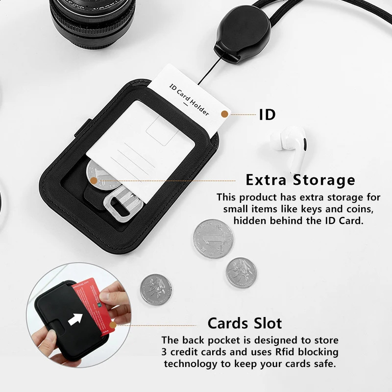 CASEKEY Retractable Lanyard ID Badge Holder Leather Bank Bus Metro Pass Card Case Cover Men Women Name Tag Card Holder Strap 250207