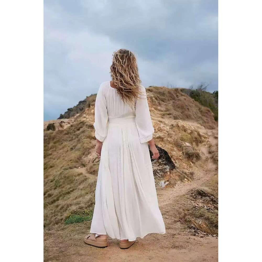 New Arrival Solid Color Long Beach Dress Sexy V-Neck High Waist Chiffon Sundress Flare Sleeve Summer Vestidos Mujer