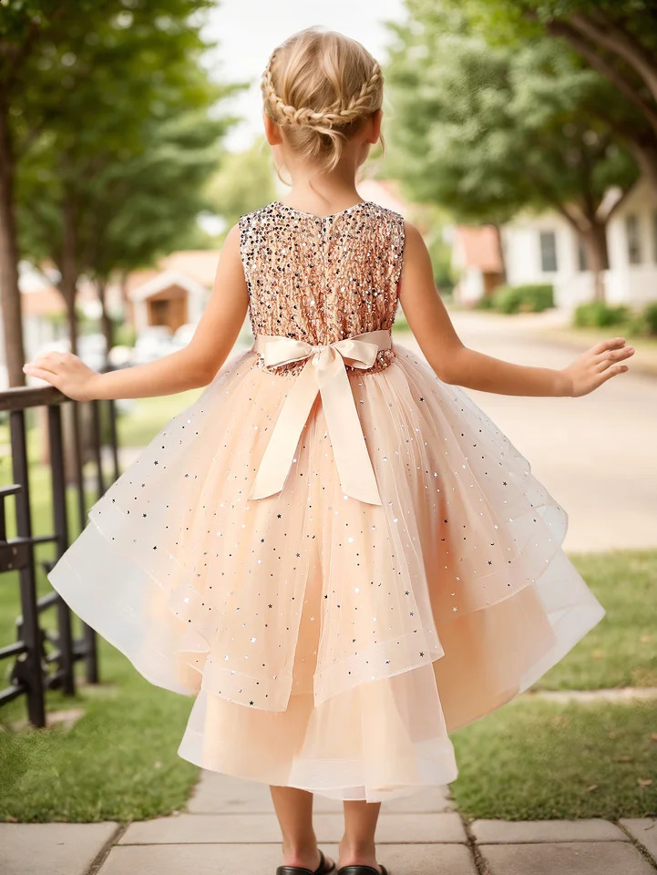 Flower Girls Princess Sequins Baby Wedding Christmas Party Trailing Dress Teenager Children Kids Elegant Vestidos for 3-15Years 250117