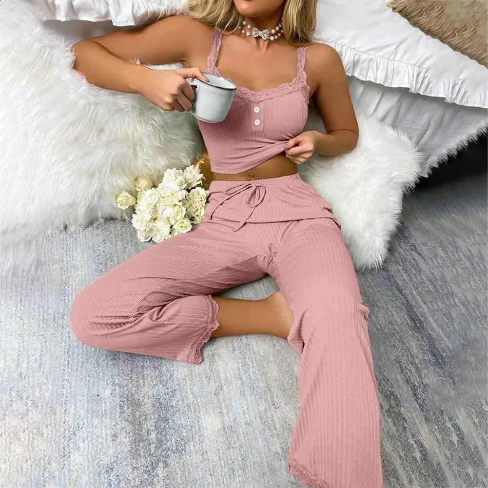 2PcsSet Womens Pajama Set Elegant Lace Trimmed Top Pants Sleepwear with Shirred Drawstring Waist Tank Loungewear 250122