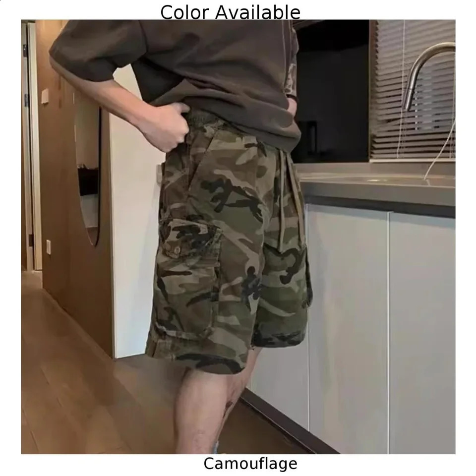 Men Summer Vintage Workwear Style Camouflage Fit Cargo Shorts Fashion Streetwear 250120