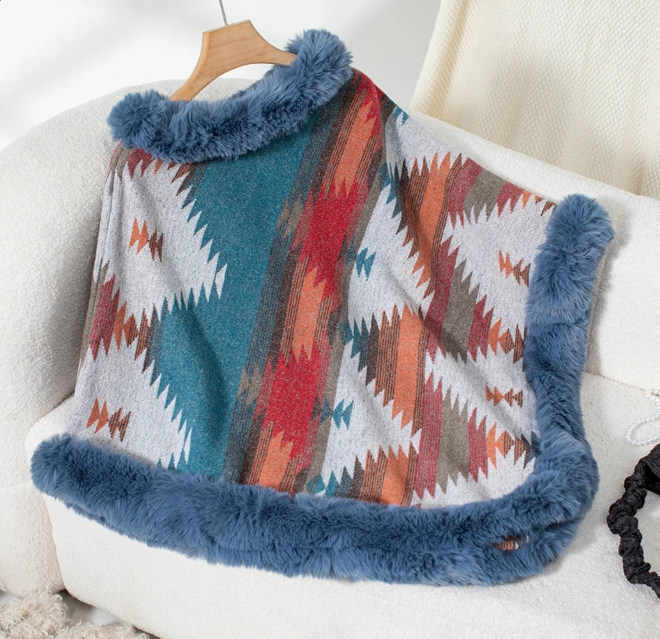 Elegant Cape Jacket Womens Hooded Shirt Winter Casual Cape Fur Collar Geometric Pattern Knitted Shawl Thick Coral Fleece Jacket 250121