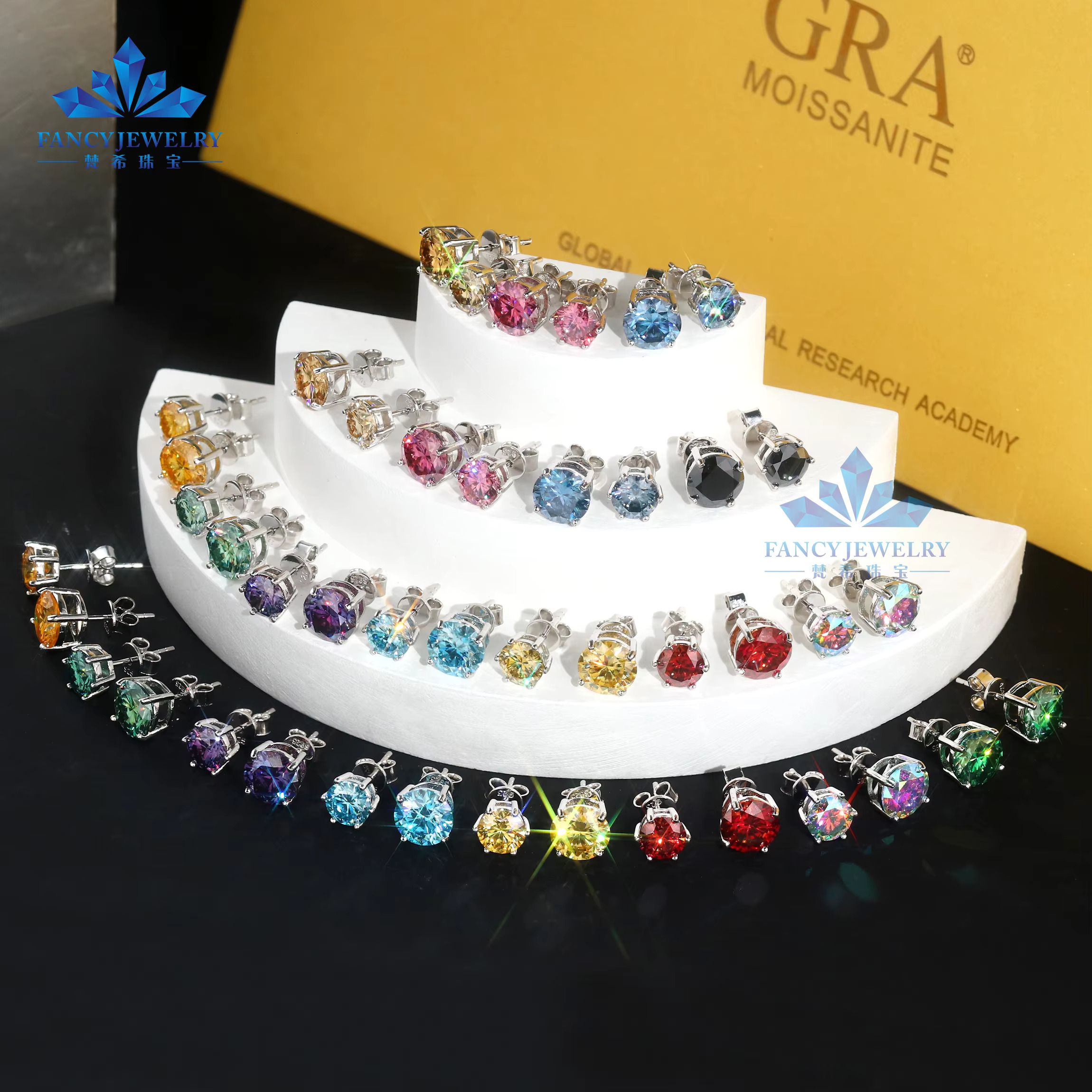 GRA Certificate 0.5CT 1CT 2CT Gold Plated Sterg Sier vvs Pink Blue Yellow Green Moissanite Stud Earrings