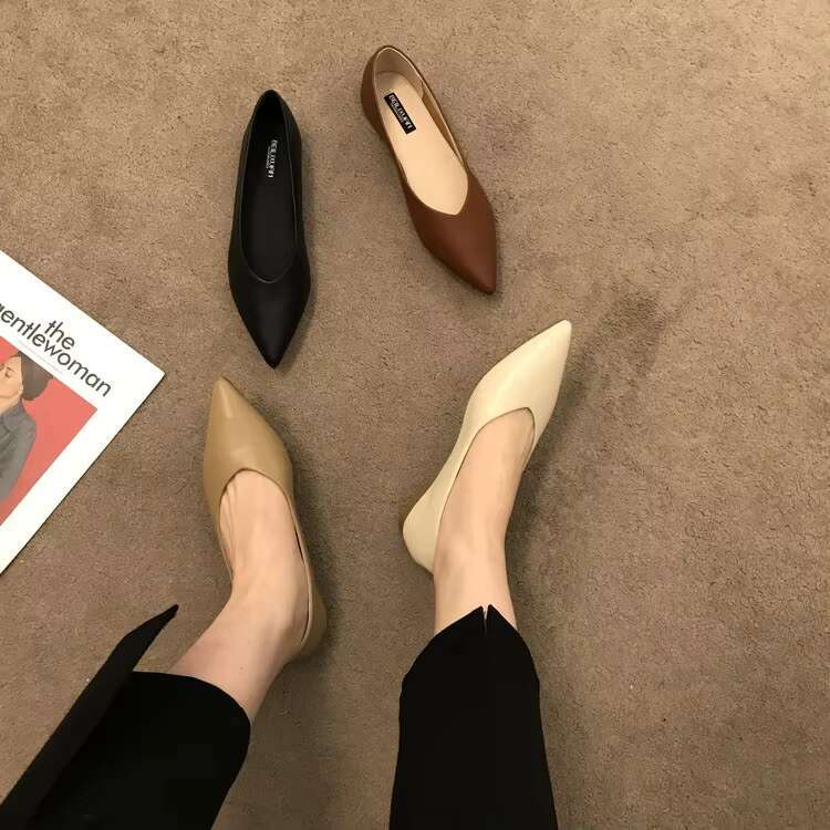 for Women Solid Color Leather Flat Heel Black Flats Women's Shallow Mouth Soft Sole Work Shoes Pointed Toe 33 34 45