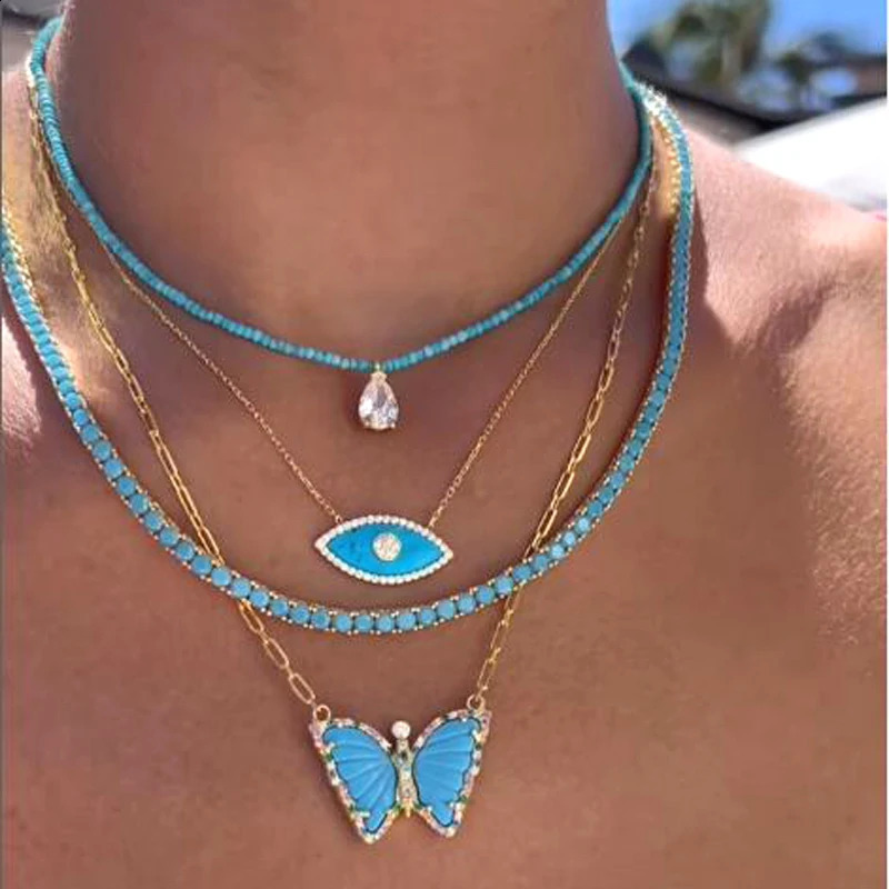 2024 Gold Color Bling 3mm Turquoises Paved Tennis Chain Necklace Mirco Pave CZ Charm Blue Stone Fashion Women Choker Jewelry 250118