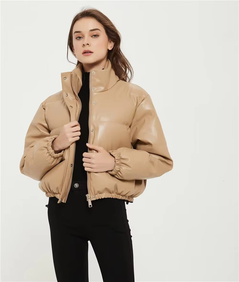 Faux Leather Cotton Jacket Parka Mujer Winter Clothes Women Warm Short Parkas 2023 Green/Black/Khaki Coats