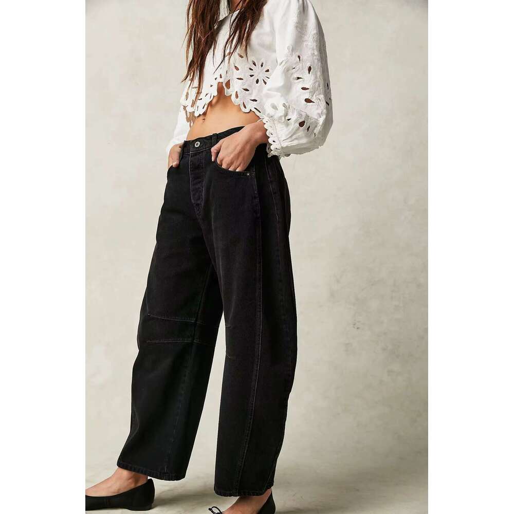Free Shipping American Style Denim Splice Design Straight Pants People Boho Loose Mid Waist Trousers Cropped Jeans