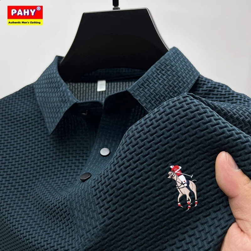Mens short sleeved polo shirt ice silk jacquard casual business fashion stand up collar summer style 250118