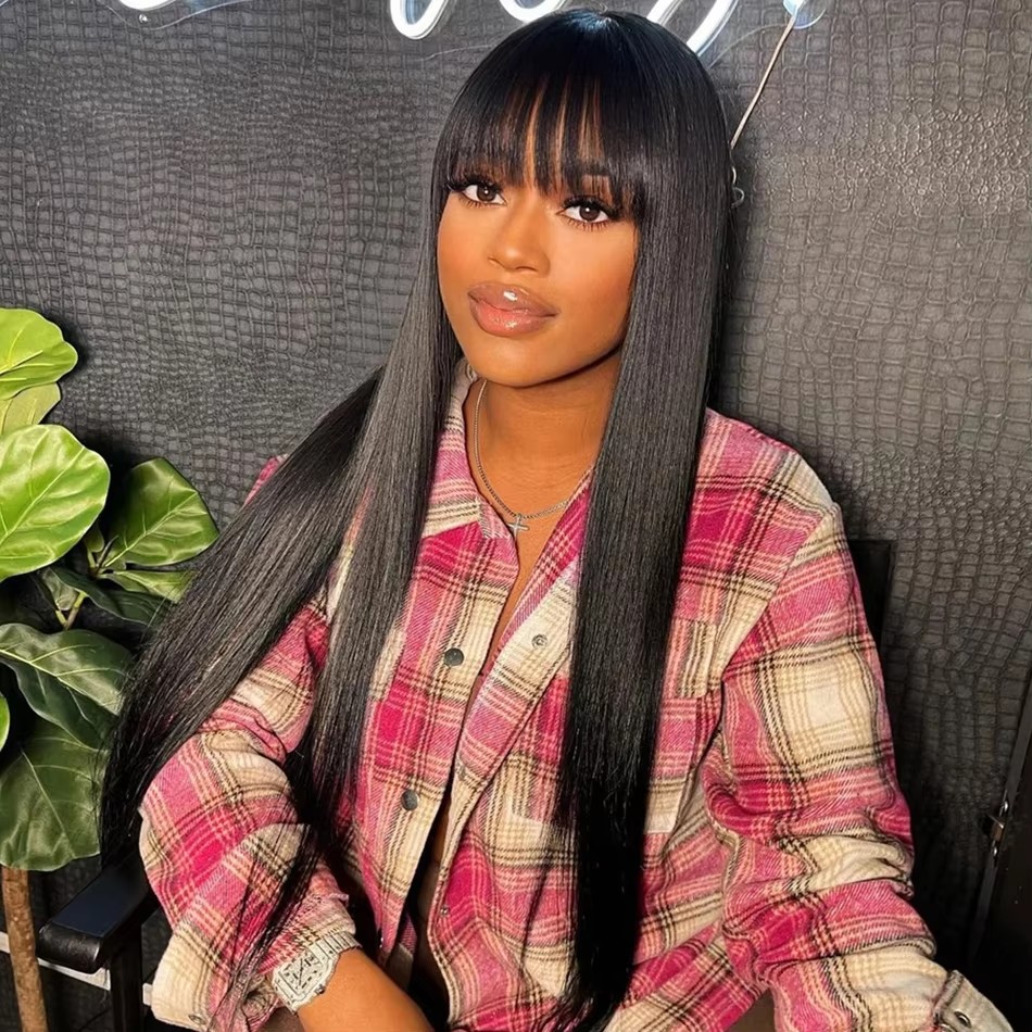 100% Human Hair Wig With Bangs Short Bob lace frontal Wigs For Black Women 150% density Brazilian silky straight 30 Inch Long Fringe Wig