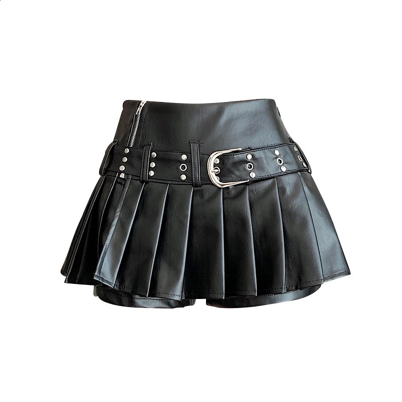 Womens Black Gothic Aline Pleated Leather Skirt Y2k Mini Shorts Skirts Harajuku Korean Emo 2000s Vintage Clothes Summer 250110Z