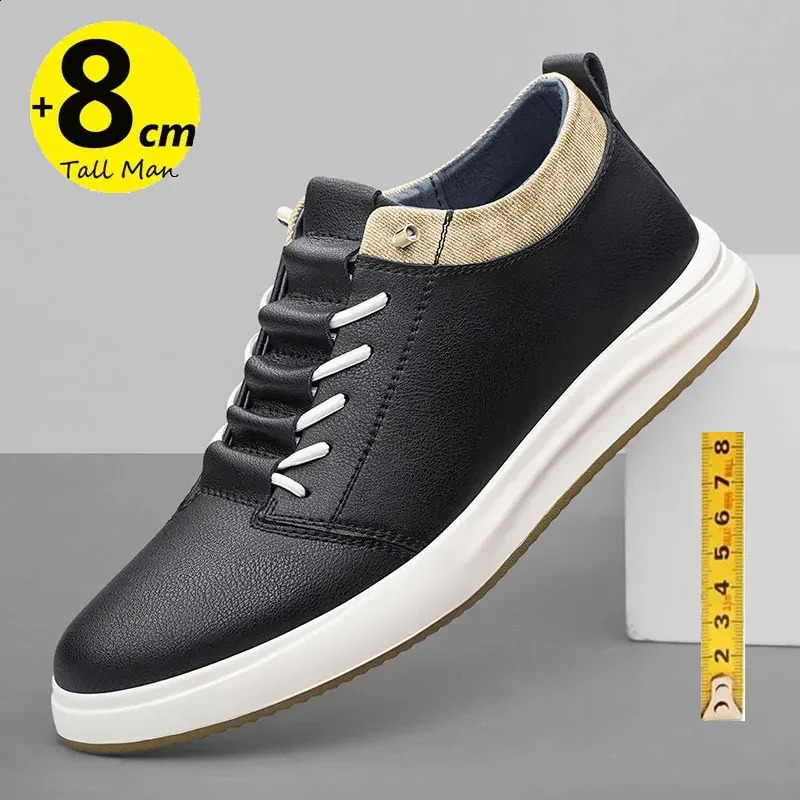 Mens genuine leather sneakers elevator shoes black height increasing shoes men 6cm 8cm white casual lift casual shoes 250113