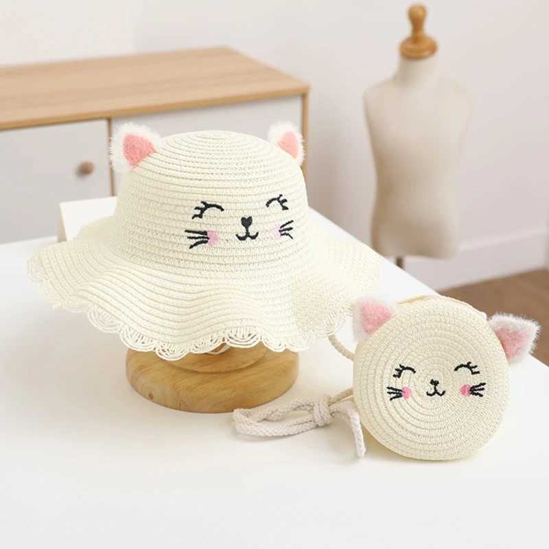 Childrens Summer Straw Hat Girls Cute Smile Wavy Cats Ears Steamed Cat-ear Shaped Bread Straw Hat Matching Bag M250121