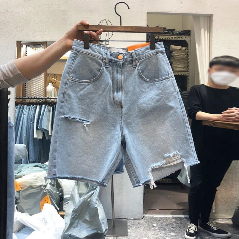 M-4XL Holes Women Short Denim Pants High Waist Summer Wide Leg Pants Zipper Fly Casual Female Jeans Shorts 250118